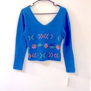 Beaded Long Sleeve Cropped V neck Sweater